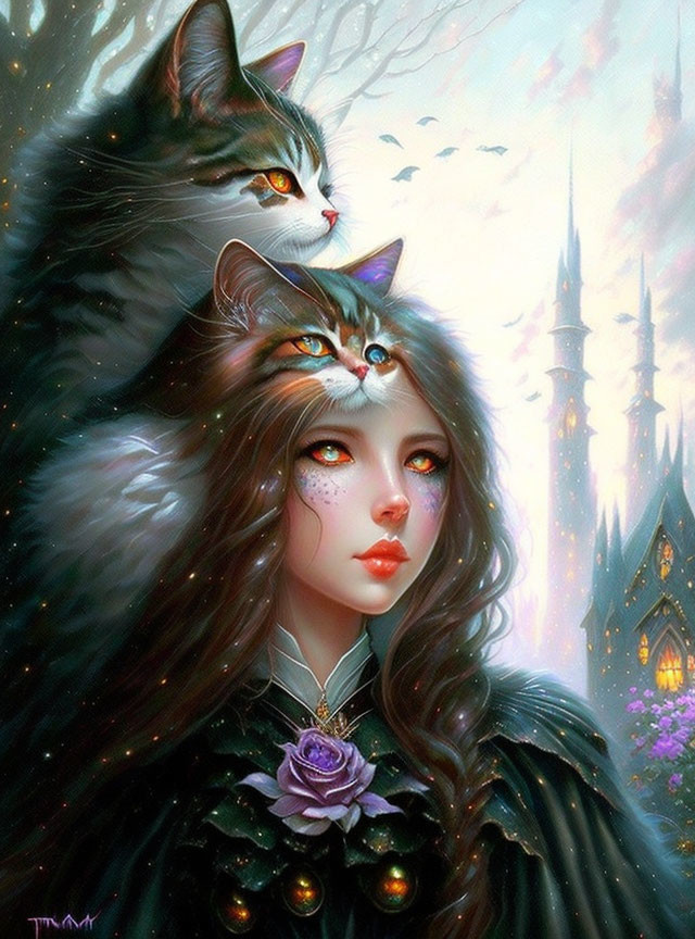 Fantasy artwork of woman with feline traits and cats in mystical forest.