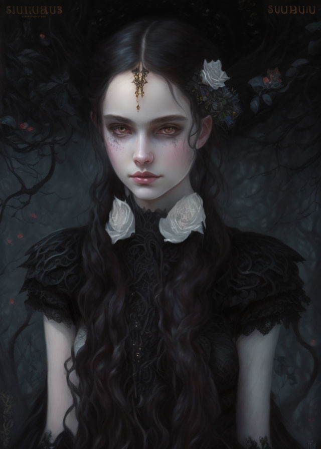 Gothic-style portrait of pale woman with dark hair and forehead chain