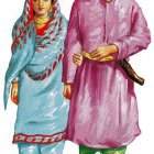 Medieval-style man and woman in purple and blue attire with gold embroidery