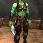 Green-skinned elven fantasy character in dark armor wields twin blades