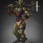 Green-skinned female orc with glowing eyes wields large axe in 3D rendering