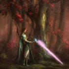 Elven warrior in ornate armor with glowing sword in mystical forest