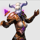 Fantasy female character with pale skin, white hair, purple eyes, and horns in black and silver