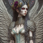 Gothic angel with white wings, red eyes, floral crown, corset, clock backdrop