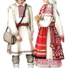 Medieval fantasy couple in elaborate attire with flower bouquet