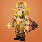 Fantasy female warrior in golden armor with sword and shield on orange backdrop