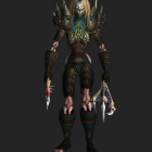 Fantasy character in white hair, dark armor with gold details, holding glowing weapons