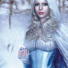 Fantasy character with pale skin, white hair, blue eyes in snow scene wearing blue and white gown