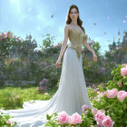 Regal woman with horns in elegant white gown among blooming roses.