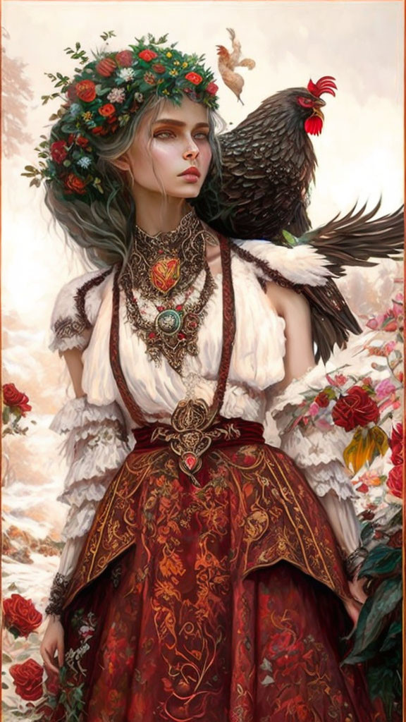 Woman in floral wreath with rooster in traditional dress among roses