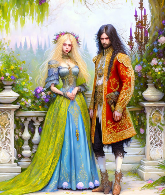 Regal couple in ornate medieval attire in lush garden