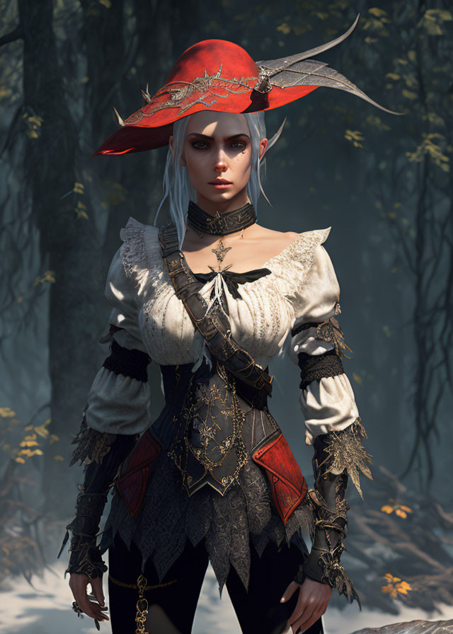 Pale-skinned woman with white hair and red hat in misty forest