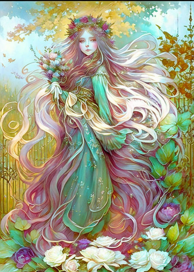 Fantastical image of woman with flowing hair and floral dress in vibrant setting