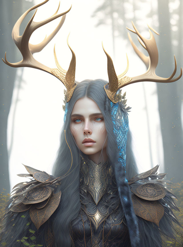 Mystical female figure with blue hair and golden antlers in misty forest