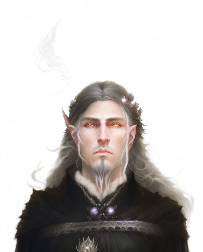 Detailed illustration of a sharp-featured elf with white hair, red eyes, floral circlet, pointed