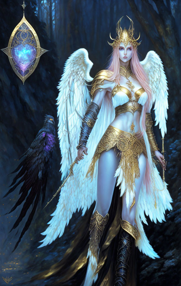 White-winged figure in golden armor with raven and glowing amulet in mystical forest