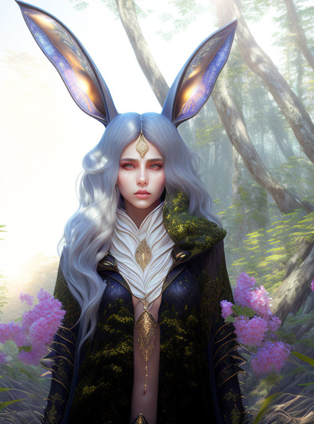 Mystical elf with wavy hair and rabbit ears in foggy forest