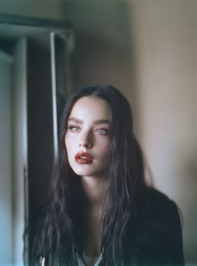 Dark-haired woman with red lipstick gazes by window in soft light