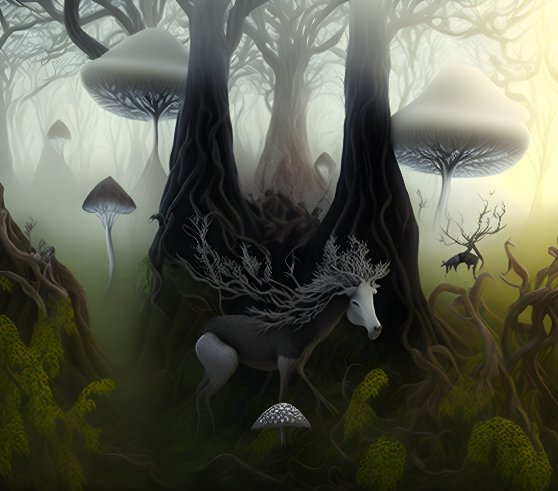 Enchanted forest with fog, giant mushrooms, unicorn with tree antlers, twisted trees