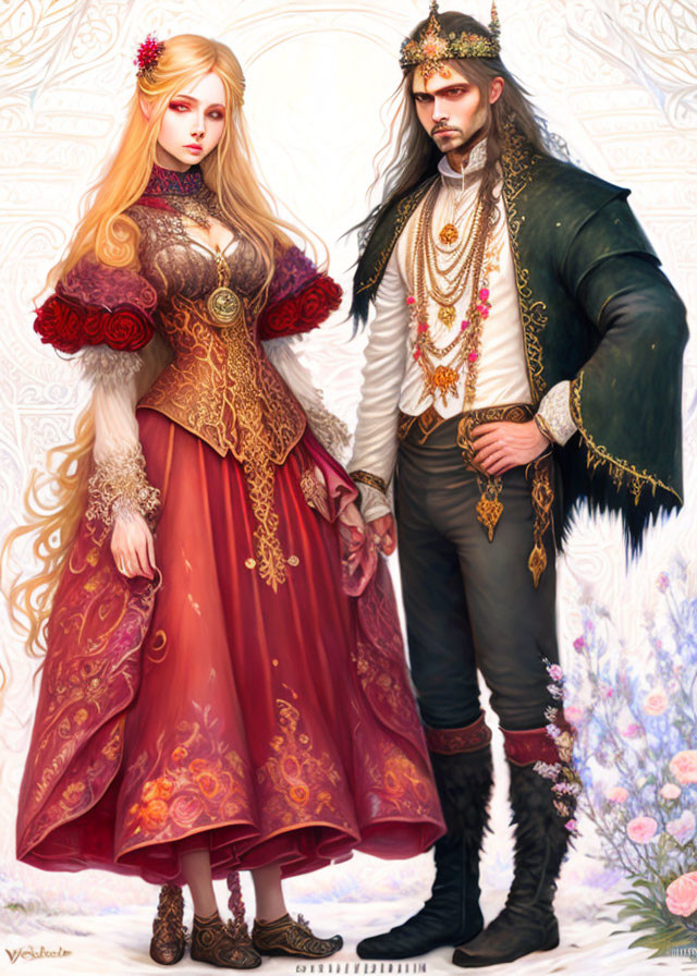 Regal medieval couple in red and gold dress and green and brown attire