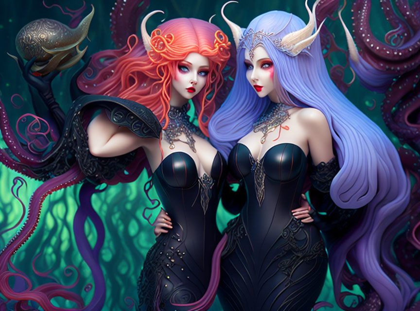 Fantasy mermaids with colorful hair and horns in underwater scene