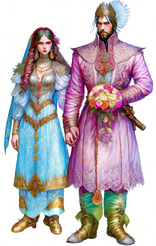 Medieval-style man and woman in purple and blue attire with gold embroidery