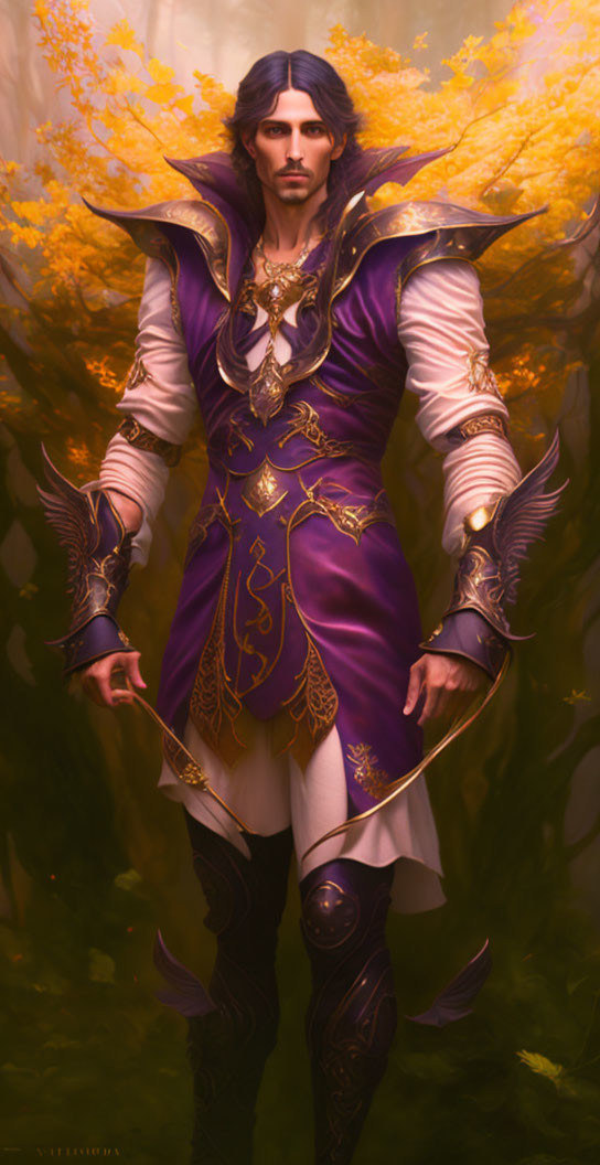 Regal character in purple and gold armor in autumnal forest