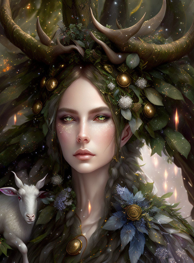 Mythical woman with antlers in serene forest scene