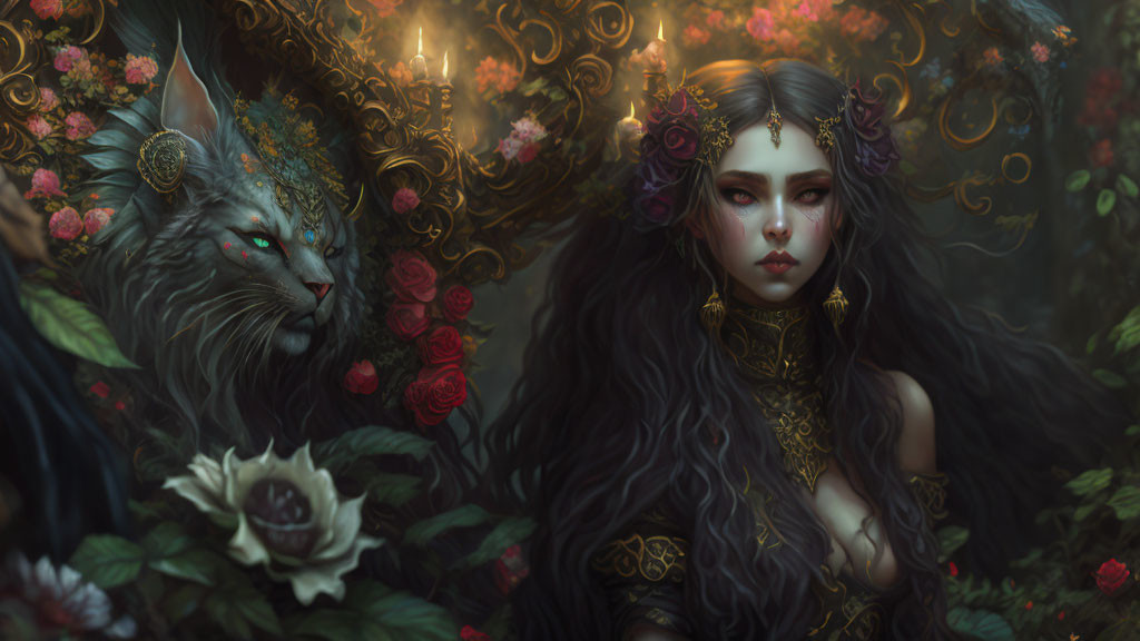 Fantasy artwork of woman with floral adornments and feline creature in candle-lit forest