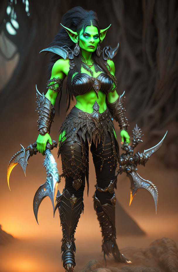 Green-skinned elven fantasy character in dark armor wields twin blades