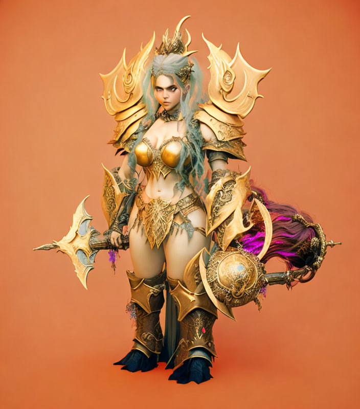 Fantasy female warrior in golden armor with sword and shield on orange backdrop