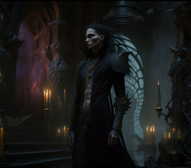 Pale person in gothic attire surrounded by candles in shadowy room with purple hues.