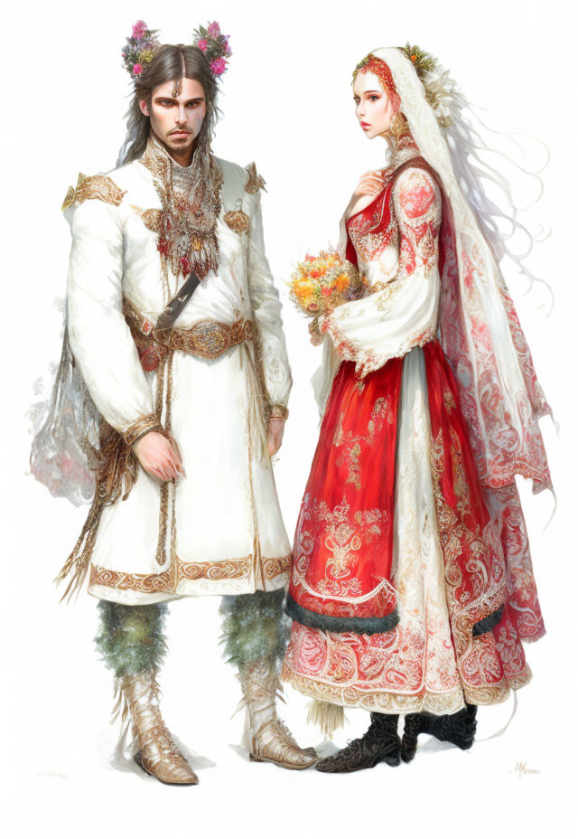 Medieval fantasy couple in elaborate attire with flower bouquet