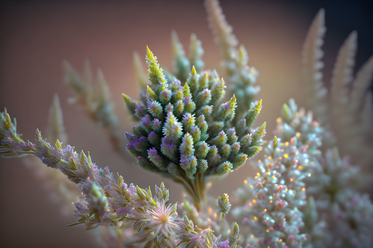 Spiked plant with green to purple gradient and bokeh effect