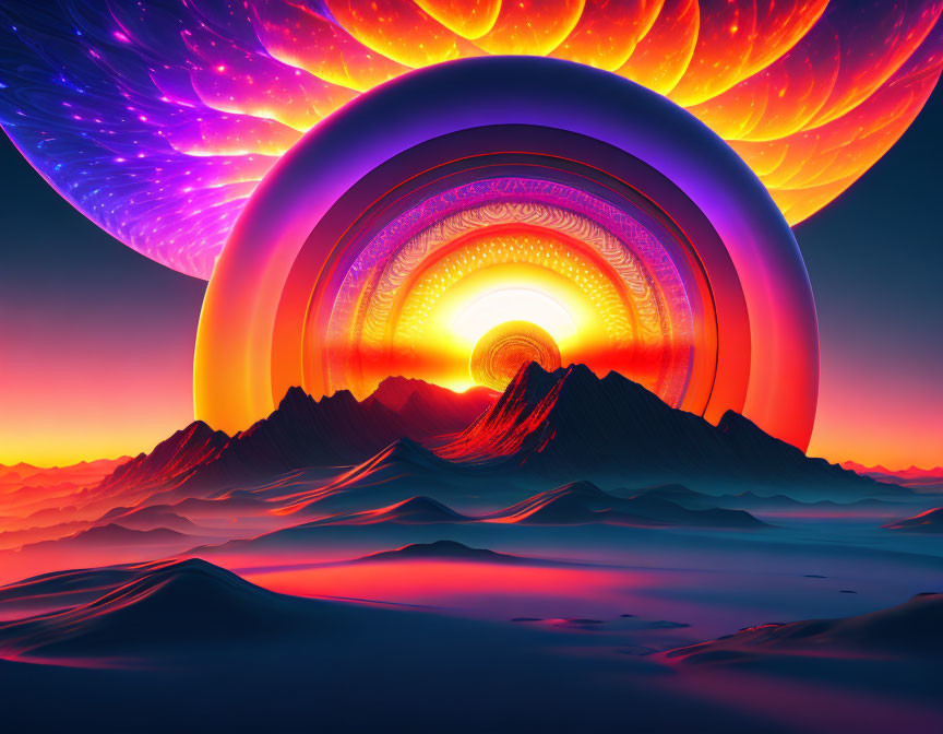 Surreal multicolored wormhole over desert mountains at sunset