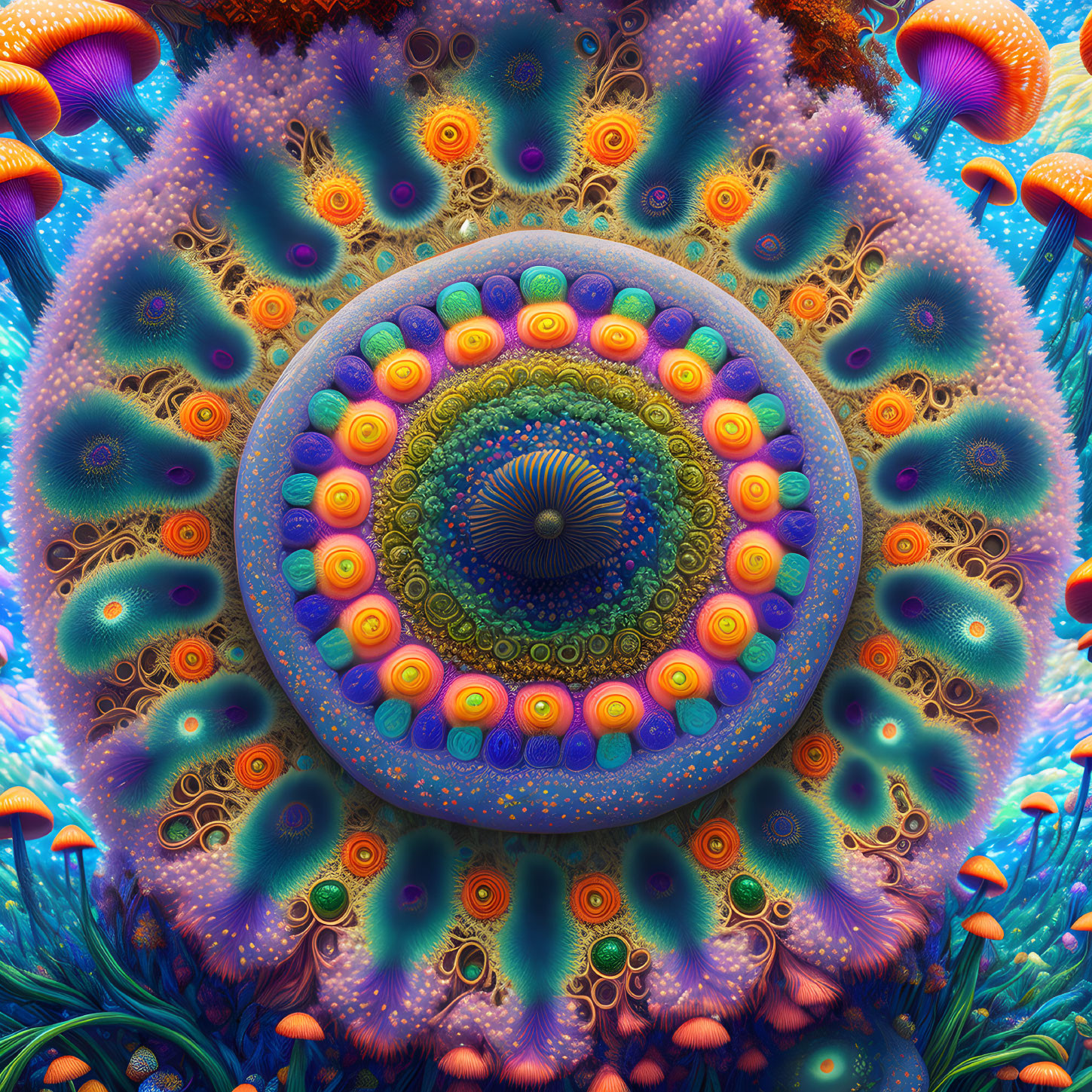 Colorful Psychedelic Fractal Art with Circular Mandala and Mushroom Motif