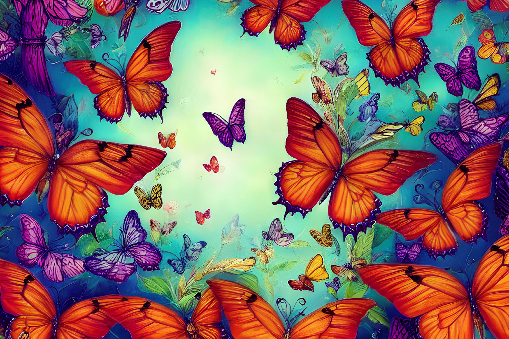 Colorful Butterfly Artwork in Orange, Purple, and Blue on Teal Background