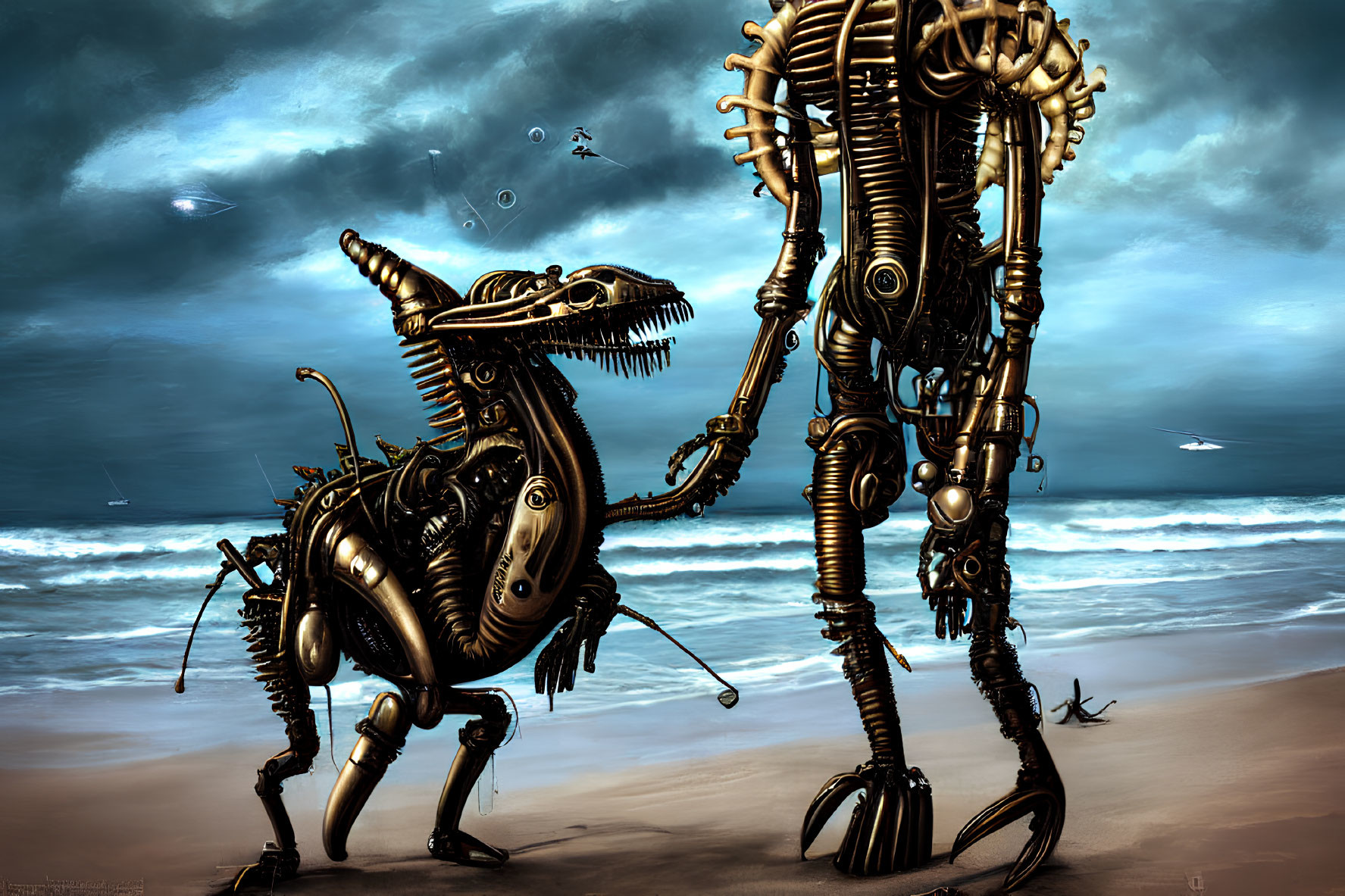 Robotic dinosaur and humanoid creatures shake hands on a futuristic shoreline