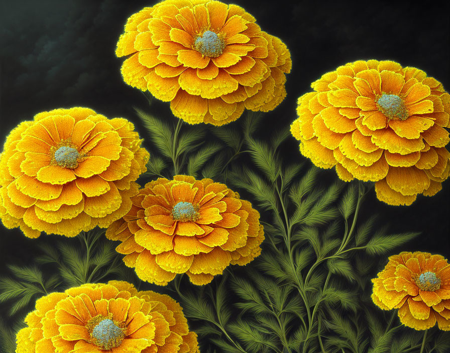 Bright Yellow Flowers with Green Leaves on Dark Background