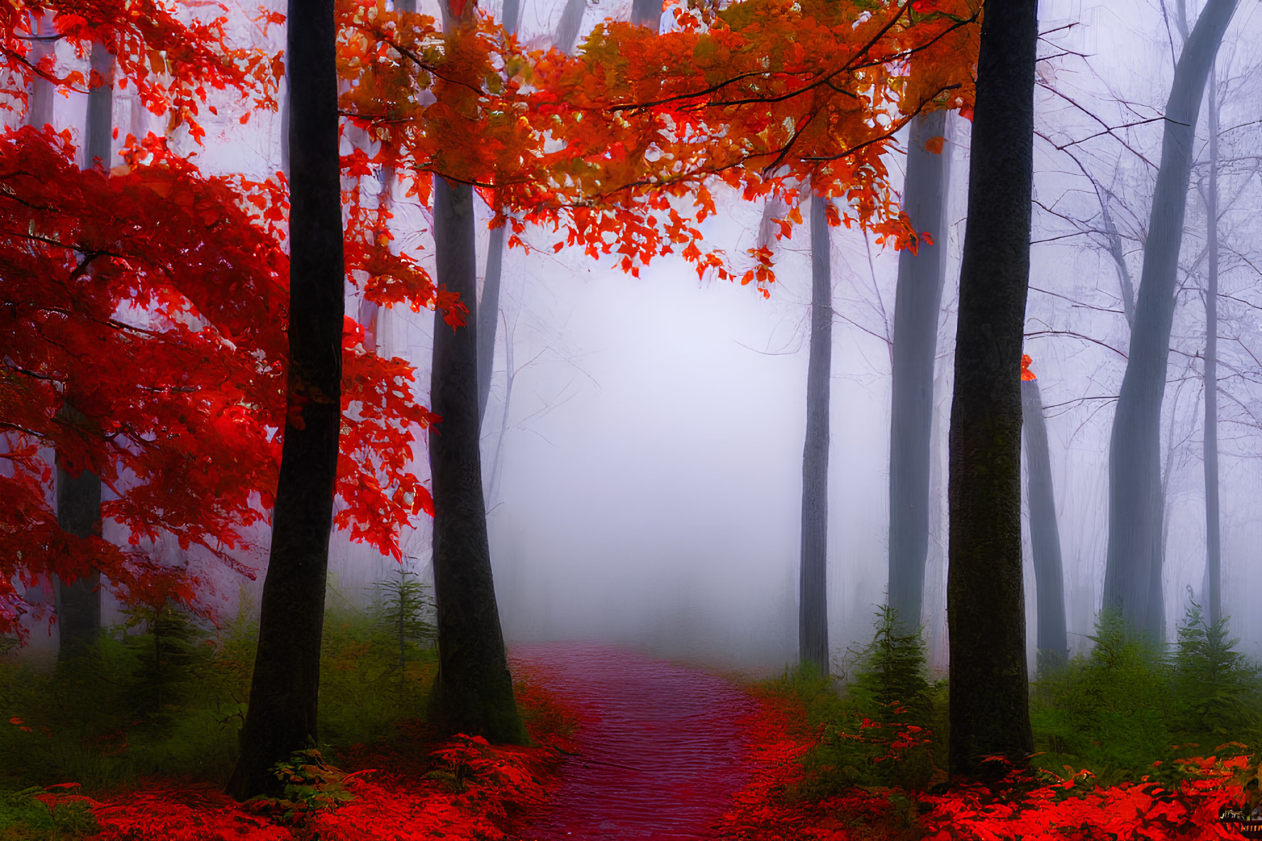 Misty forest path with red leaves and towering trees