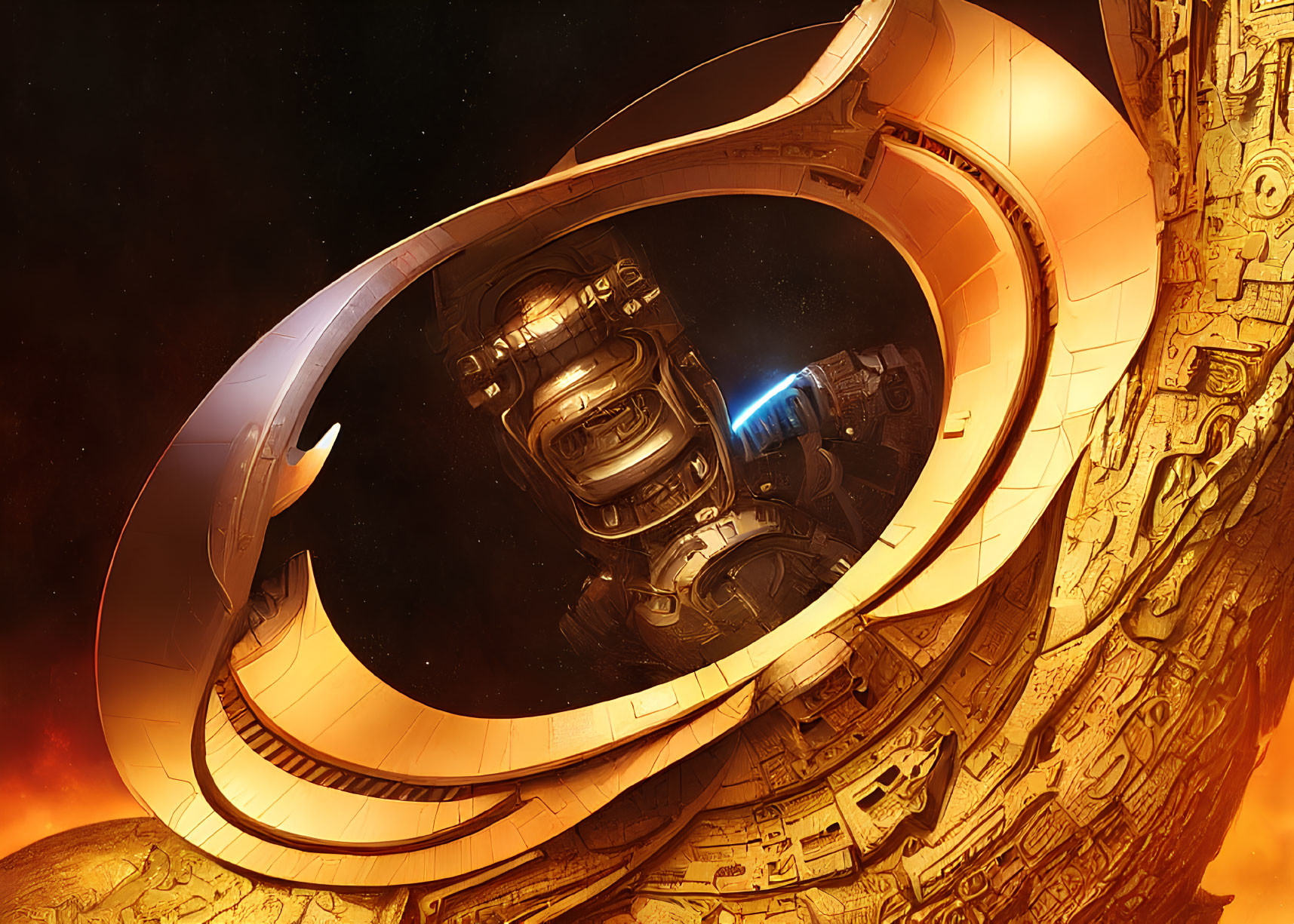 Futuristic astronaut orbits ring-shaped structure in space