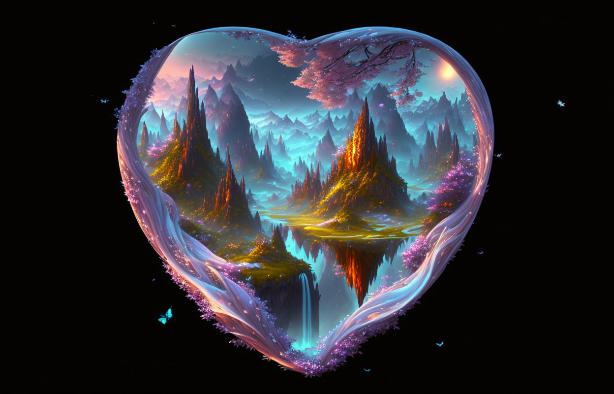 Heart-Shaped Landscape with Mountains and Waterfalls