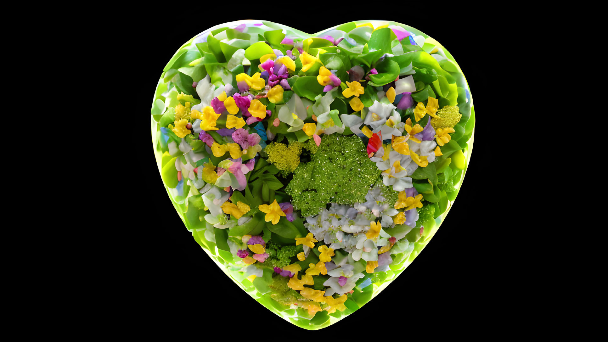 Colorful Heart-Shaped Flower Arrangement on Black Background