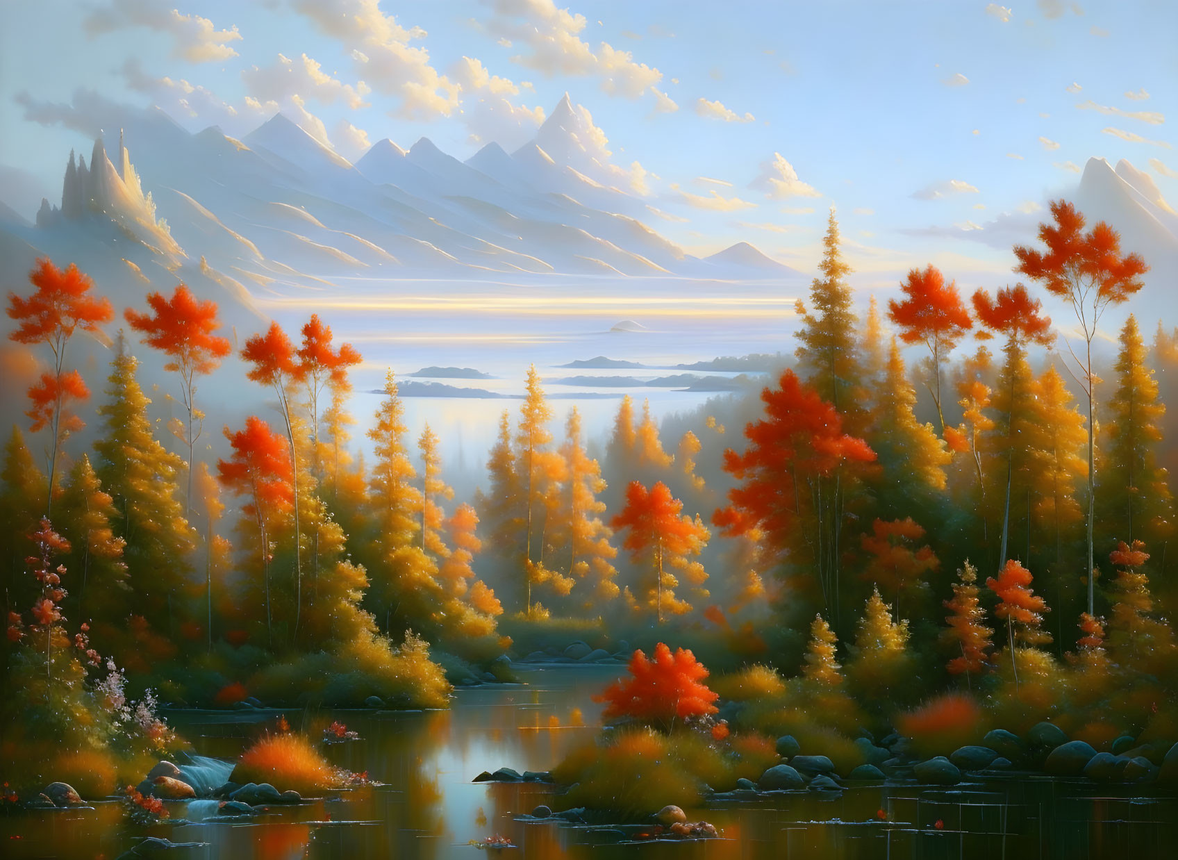 Tranquil autumn forest landscape with serene lake and misty mountains