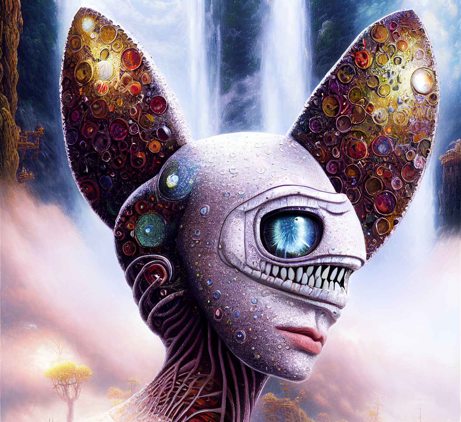 Colorful surreal portrait of a creature with mechanical ears and a detailed eye, in a fantastical setting
