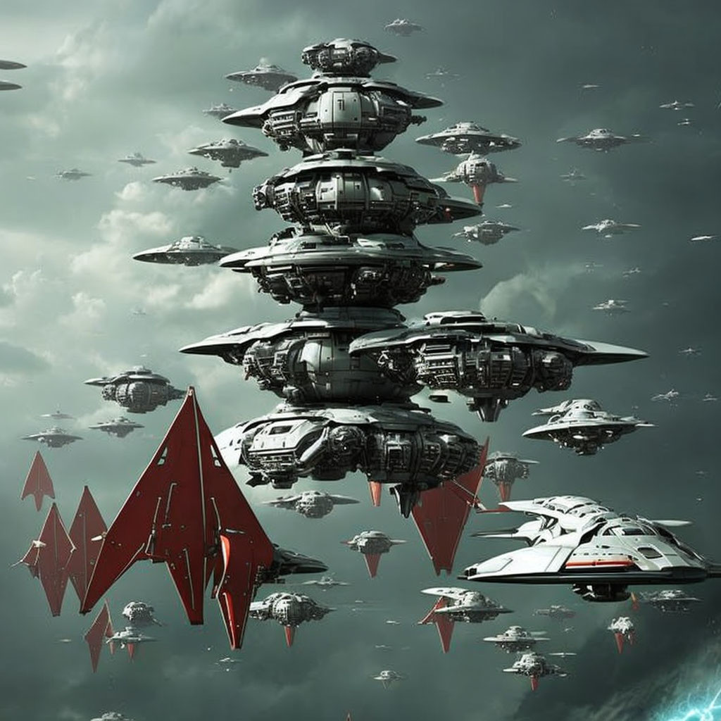 Futuristic armada of spaceships in cloudy greenish sky