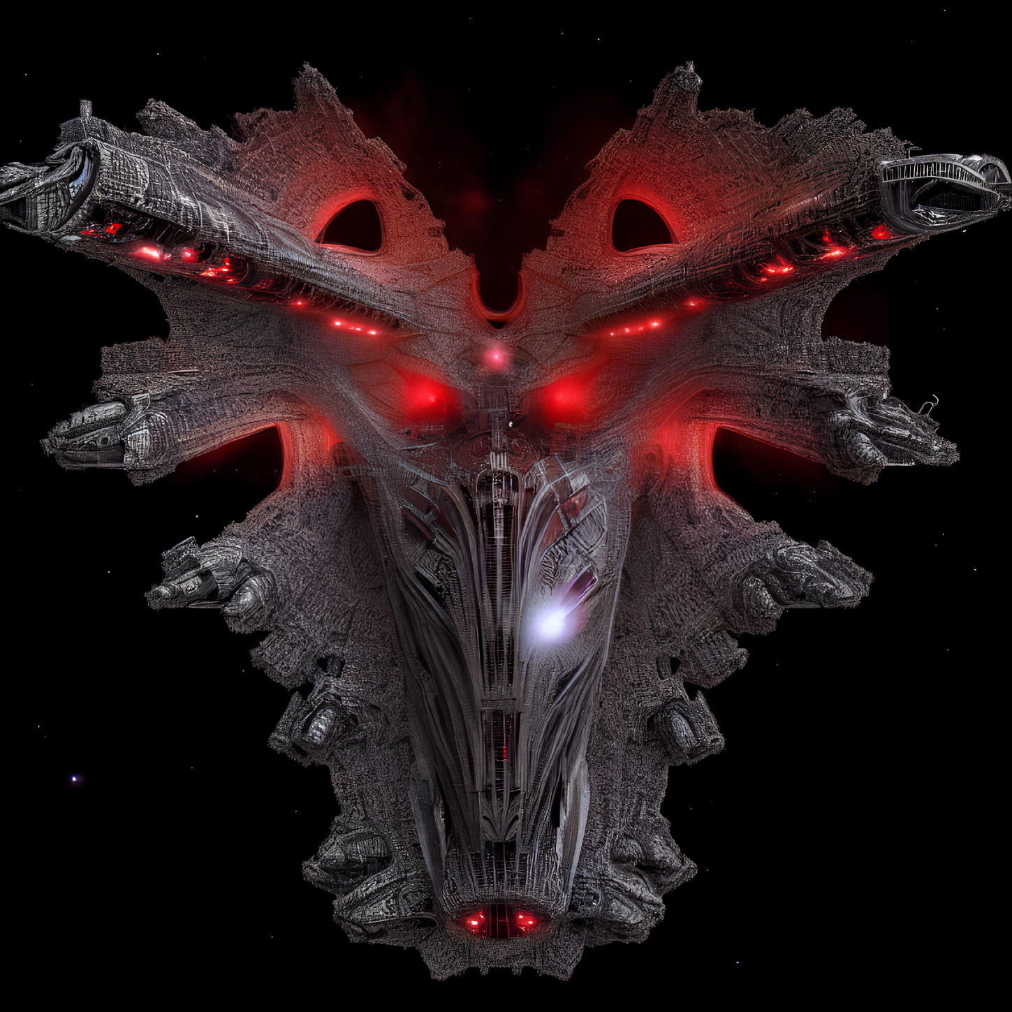 Symmetrical spaceship with intricate designs and red lights in starry space