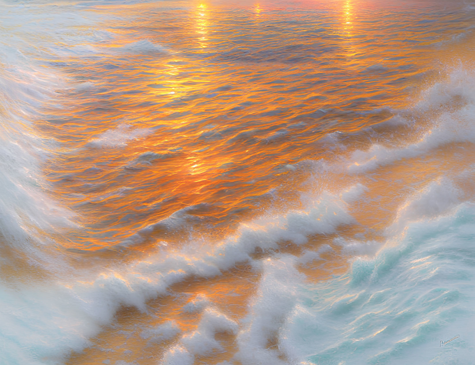 Sunset reflecting on ocean waves with warm orange to cool blue tones