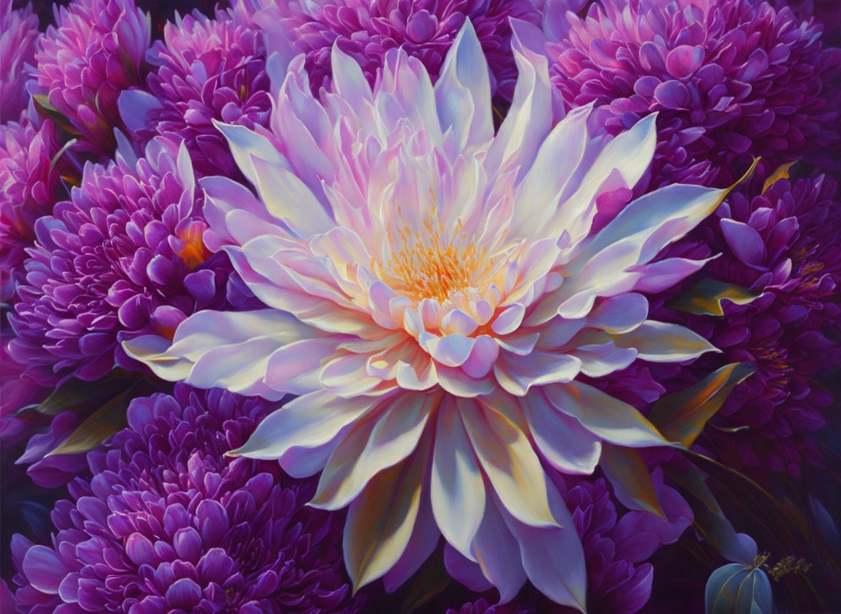 Colorful Floral Painting with Lotus and Chrysanthemums