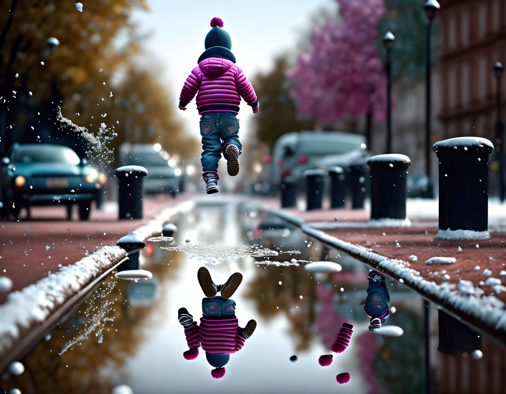 Child in Purple Jacket Jumps Over Puddle in City Street